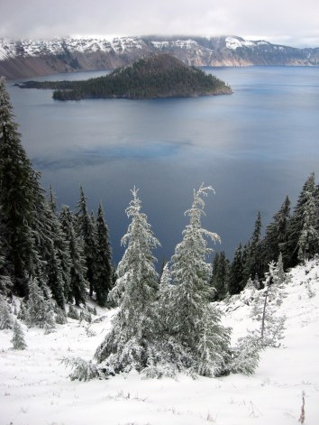 Crater Lake view with two trees in foreground 10-2013